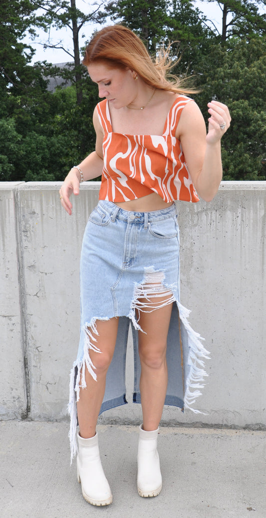 Distressed Denim Maxi Skirt