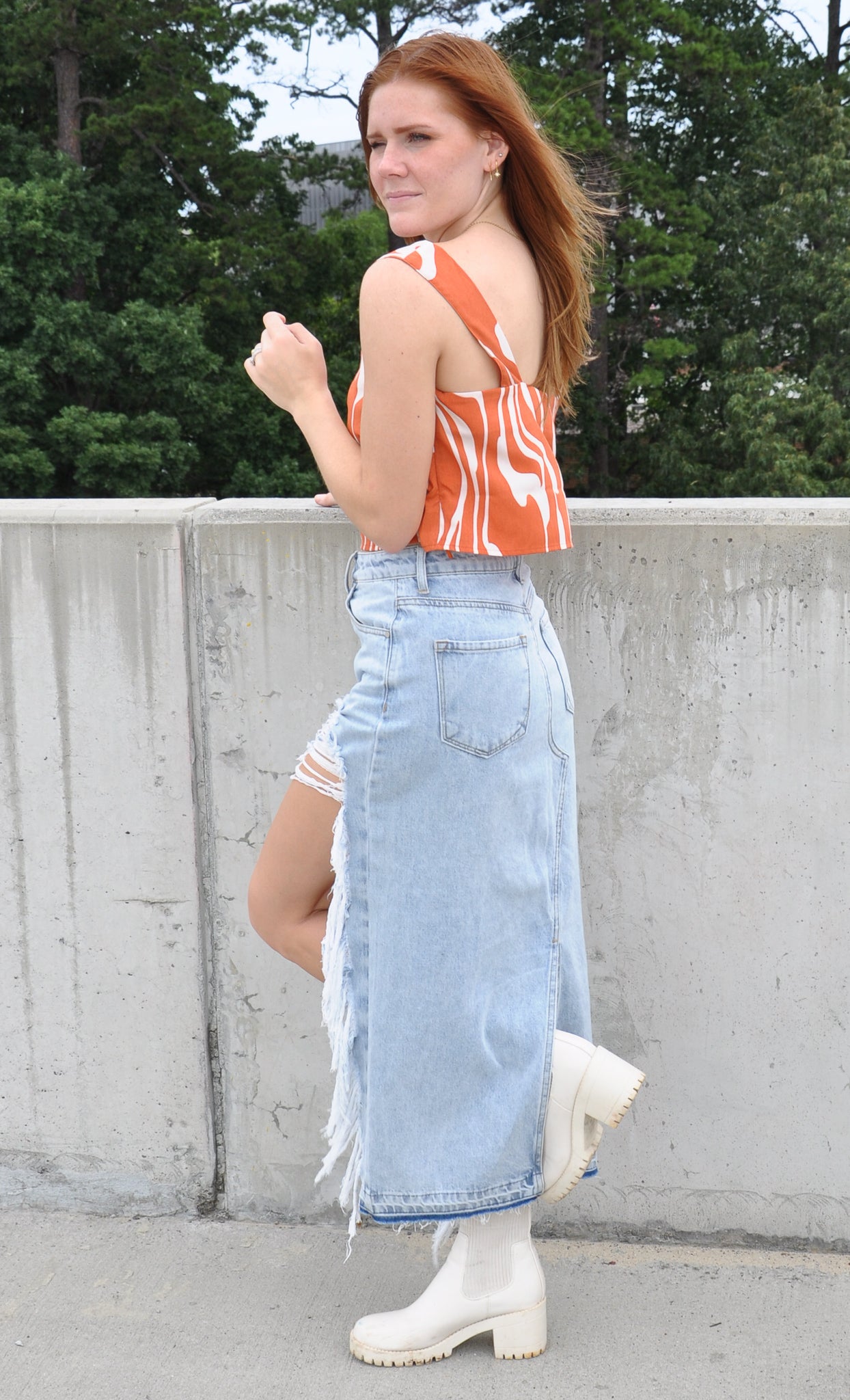 Distressed Denim Maxi Skirt