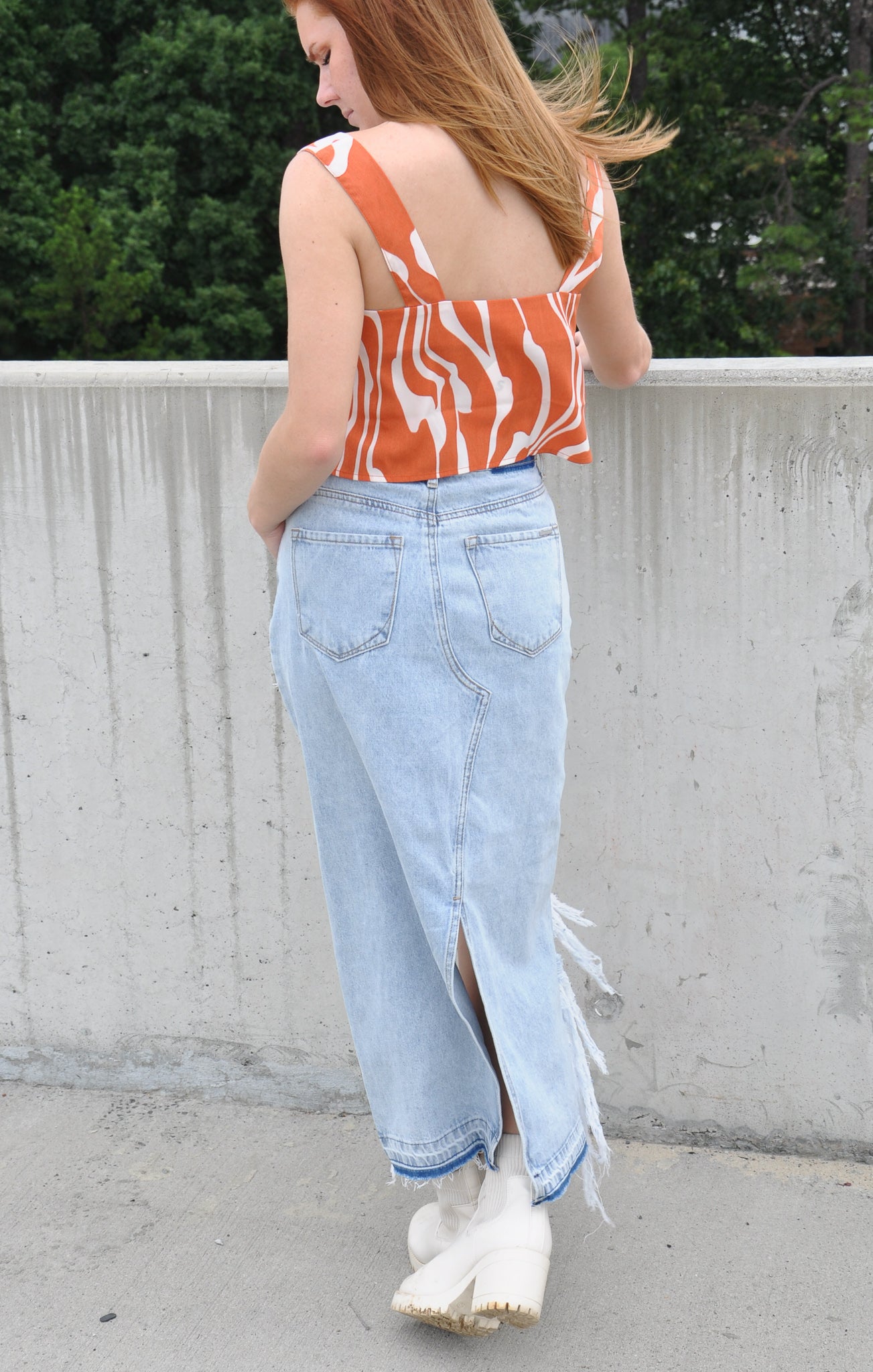 Distressed Denim Maxi Skirt